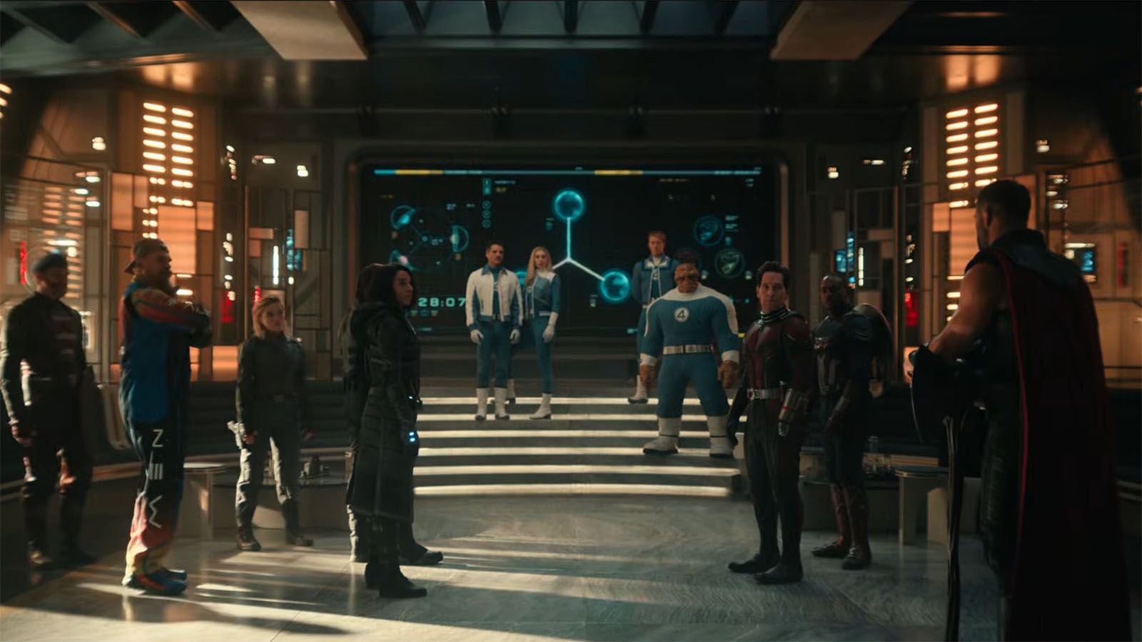 The New Avengers, The Fantastic Four, Captain America, Ant-Man and Thor standing in a room in Avengers: Doomsday