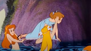 Wendy getting splashed and nearly dragged into the water in Peter Pan.