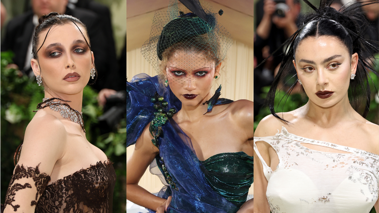 A compilation of goth makeup looks at the 2024 met gala: Emma Chamberlain, Zendaya, and Charli XCX all wear dark makeup.