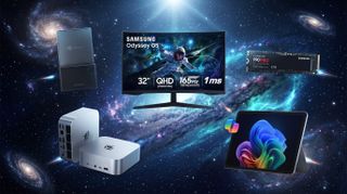 Discounted tech products arranged on an outer space background.
