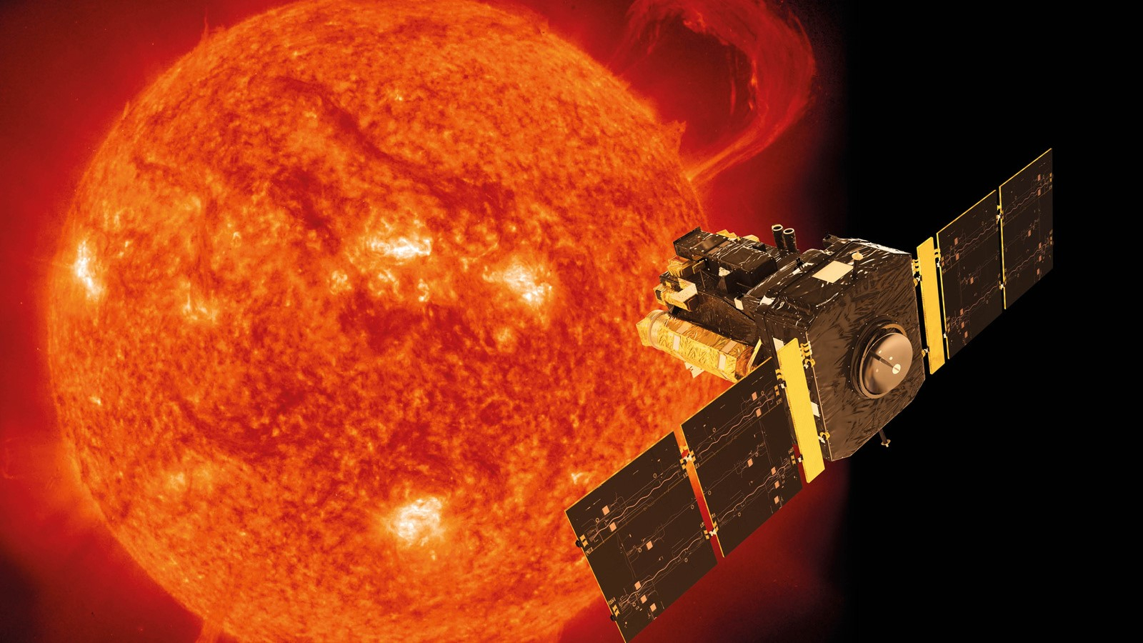 Artist's illustration of the SOHO spacecraft with the sun in the background.