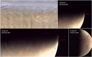 Dust clouds imaged by ESA’s Mars Express VMC (bottom left, bottom right and top right) and the Mars Color Imager (MARCI) aboard NASA’s Mars Reconnaissance Orbiter (top left) in November 2007 over the Utopia region. Arrows indicate the dust front in each image. The arcing dust front was 454 miles (730 kilometers) long on its internal edge and 1,212 miles (1,950 km) long on its outer edge, and a width of 37 miles to 81 miles (60 to 130 km).