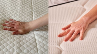 One hand placed on a firm mattress next to one hand placed on an extra firm mattress