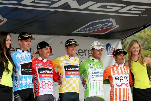 The classification leaders after Stage 3 of the USA Pro Challenge (L-R): Joe Dombrowski, Tom Danielson, Christian Vande Velde, Damiano Caruso and Francisco Colorado.
