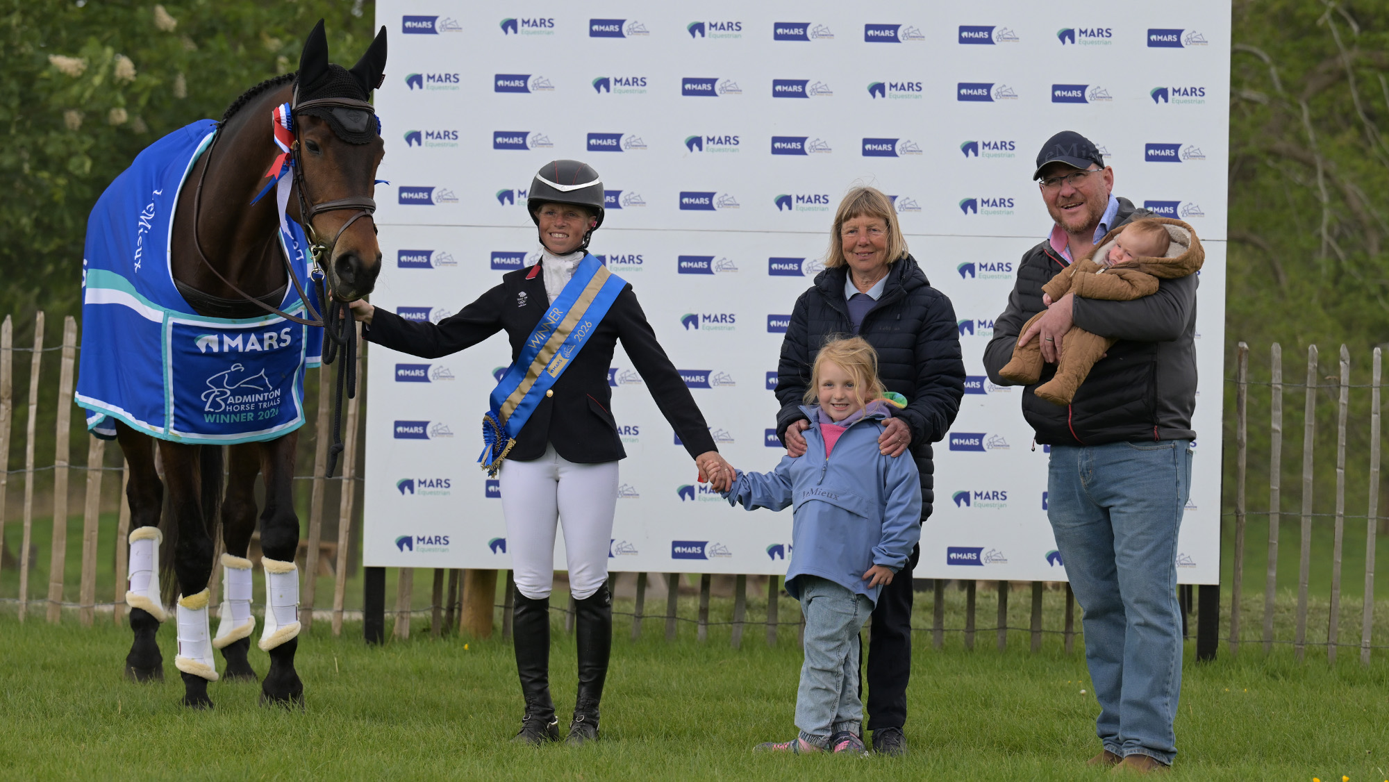 Ros Canter with her family and Lordships Graffalo at the Badminton prize giving, where she won less than four months after giving birth