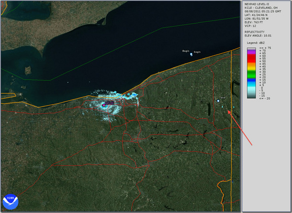This segment from the KCLE radar shows the meteor begin and end points labeled.