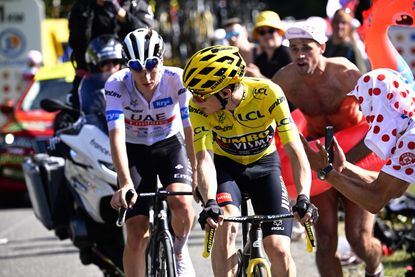 Jonas Vingegaard leads Tadej Pogačar on stage 14 of the 2023 Tour de France