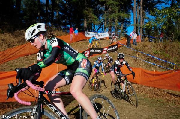 Kaitlin Lawrence leads a pack through the turns at the bottom of the climb