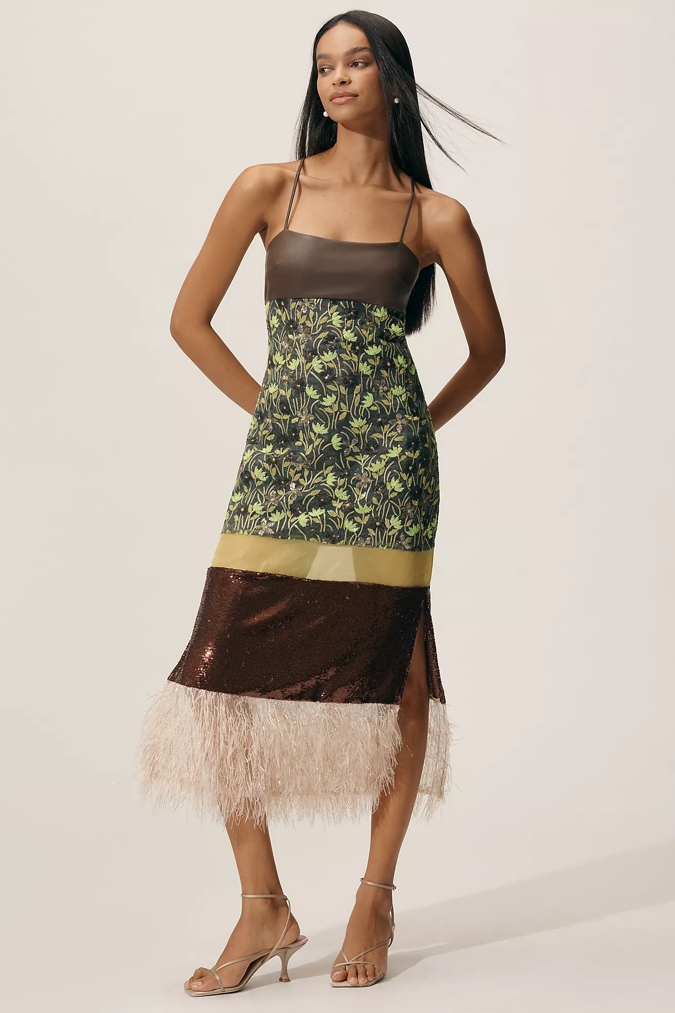 By Anthropologie Mixed Floral Faux-Feather Midi Dress