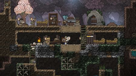 Ratopia screenshot showing an underground base where rat citizens carry boxes down below