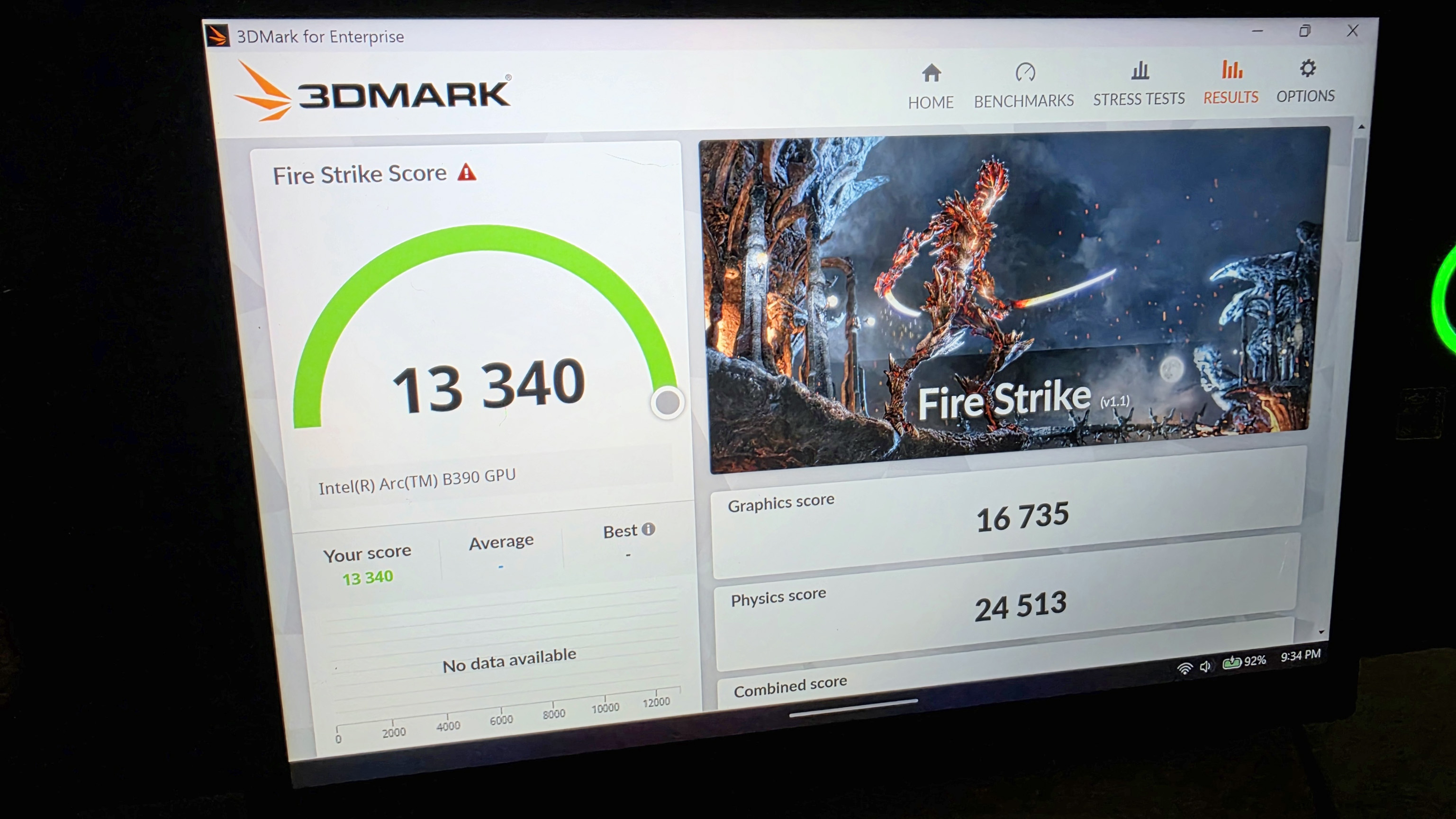 Photo of 3DMark Fire Strike benchmark results from the MSI Claw 8 EX AI+ showing a score of 13,340.
