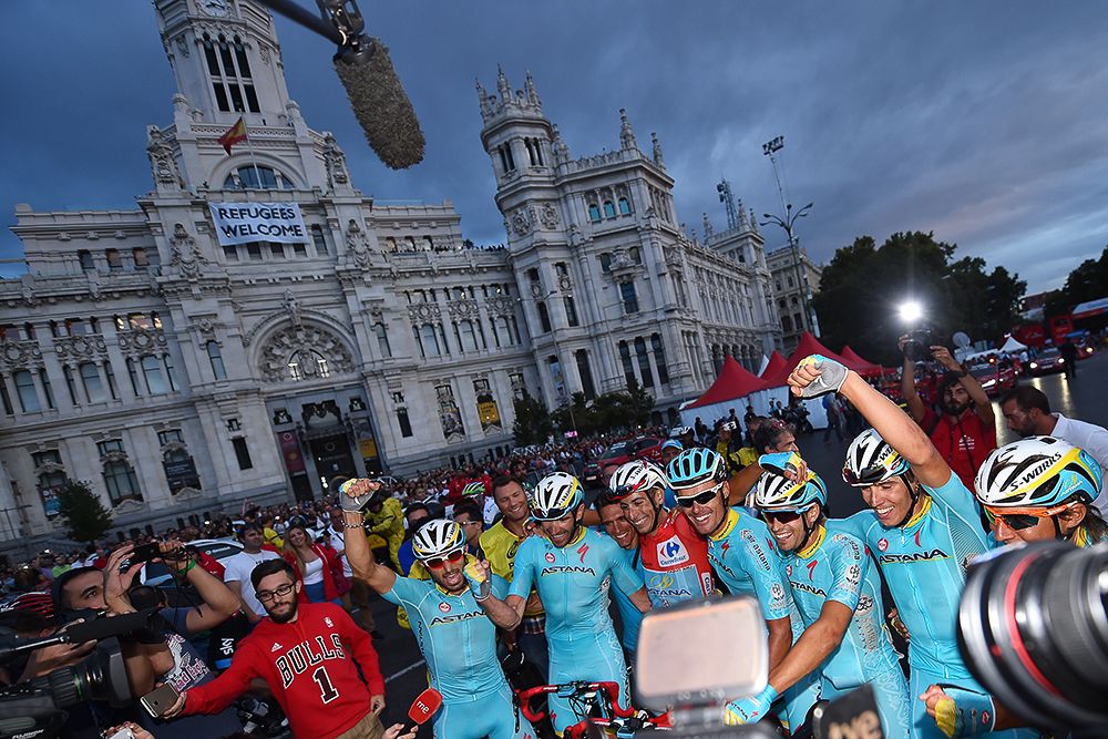 Astana celebrate following Fabio Aru's overall victory at the Vuelta.