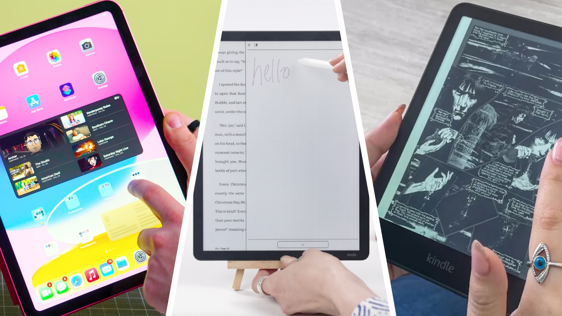 (From left) iPad 11th-gen (A16), Kindle Scribe Colorsoft and Kindle Paperwhite)
