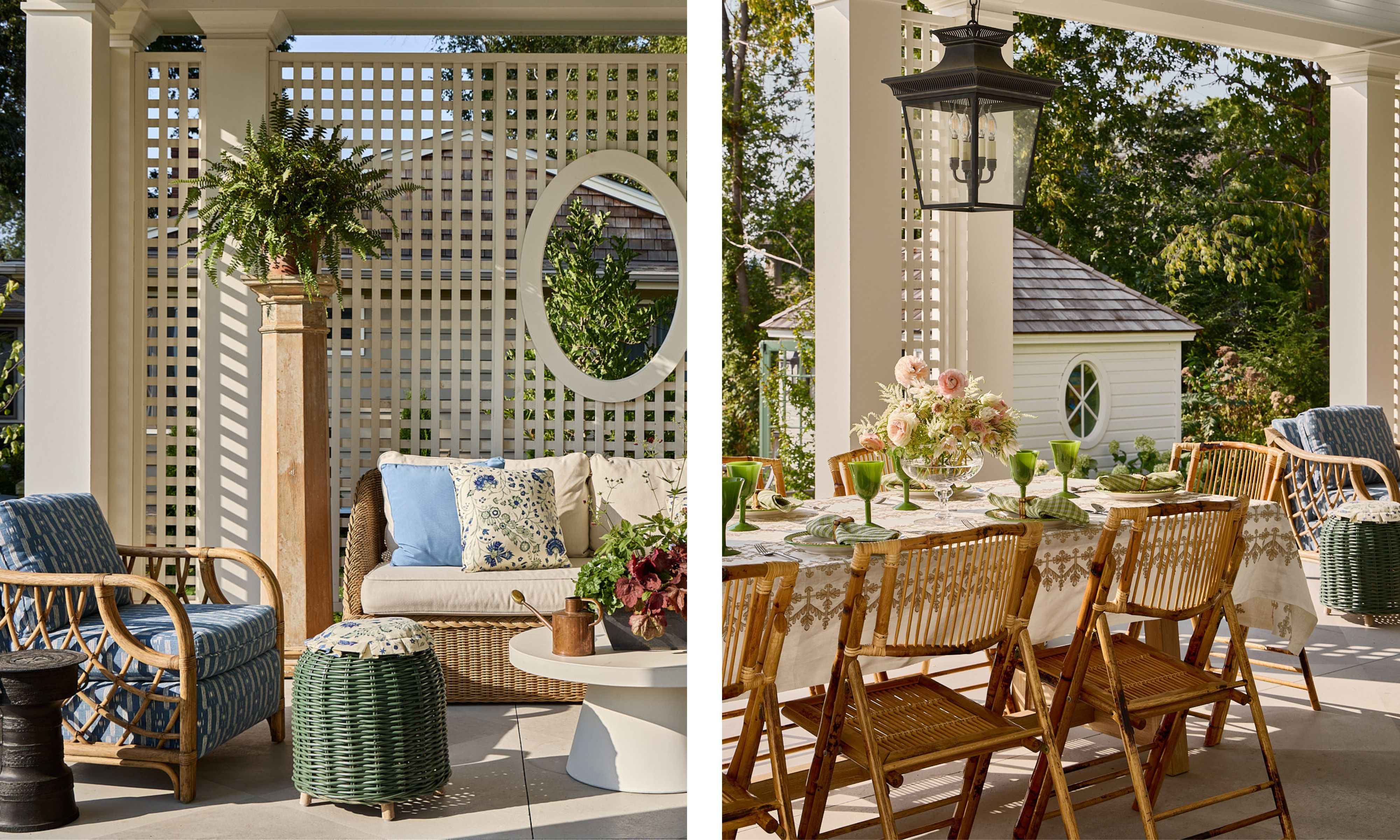 Two images of a veranda with lattice walls, an outdoor lounge area with rattan furniture, and a dining area with wood chairs and a table with a white tablecloth.