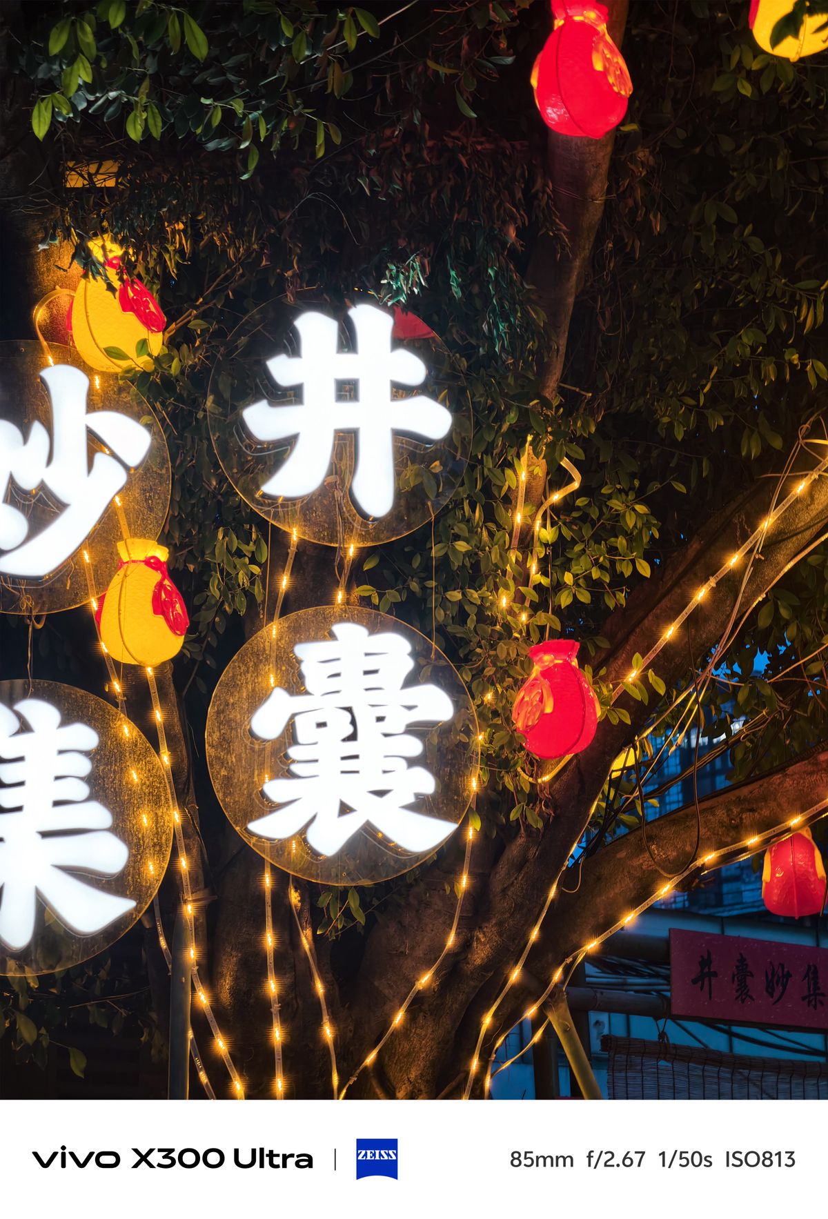 Large circular glowing panels with Chinese characters hanging from a tree lit with string lights.