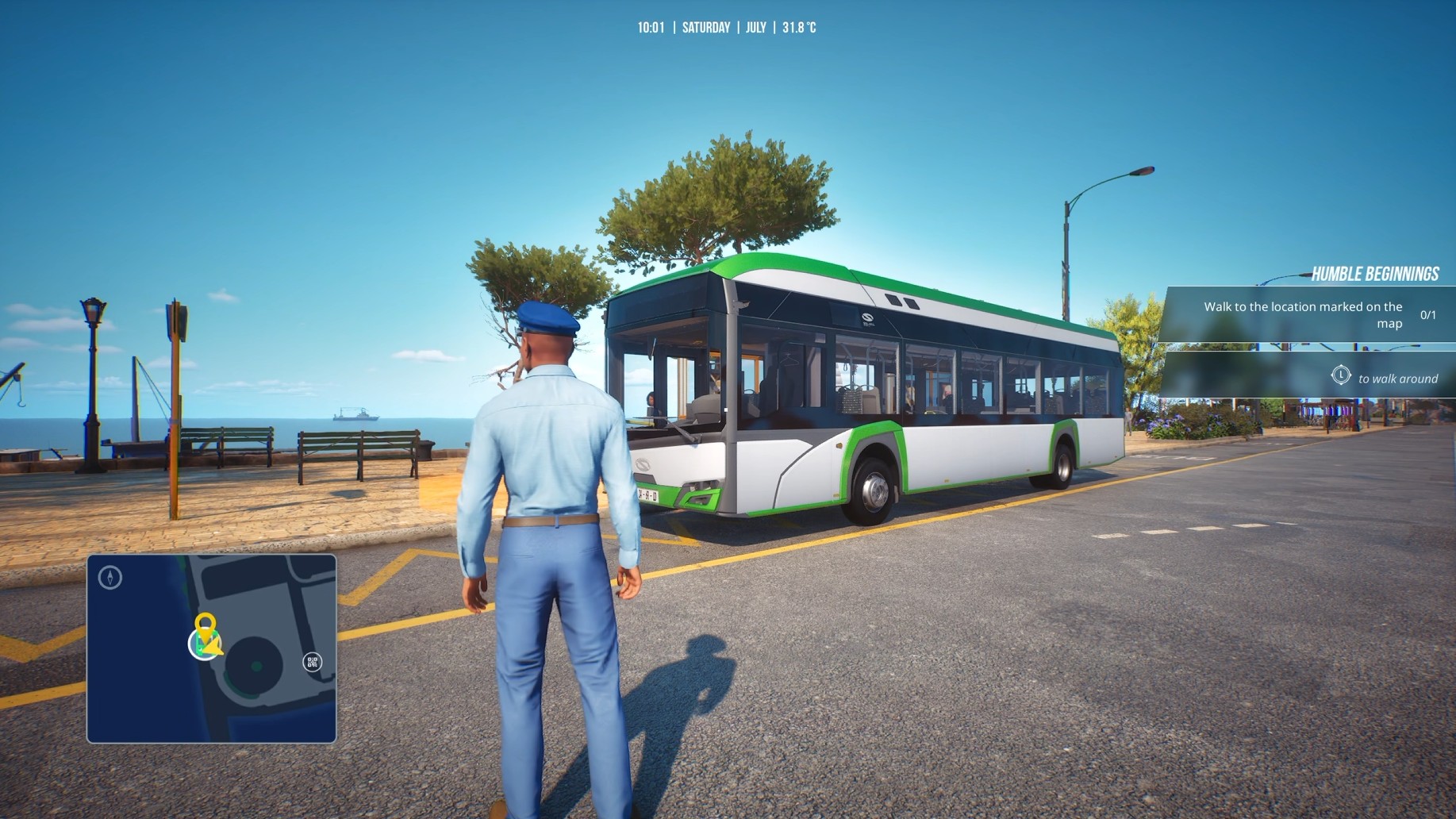 A screenshot from the Bus Simulator 27 PC demo showing an external shot of a green and white bus with the bus driver standing in front of it.