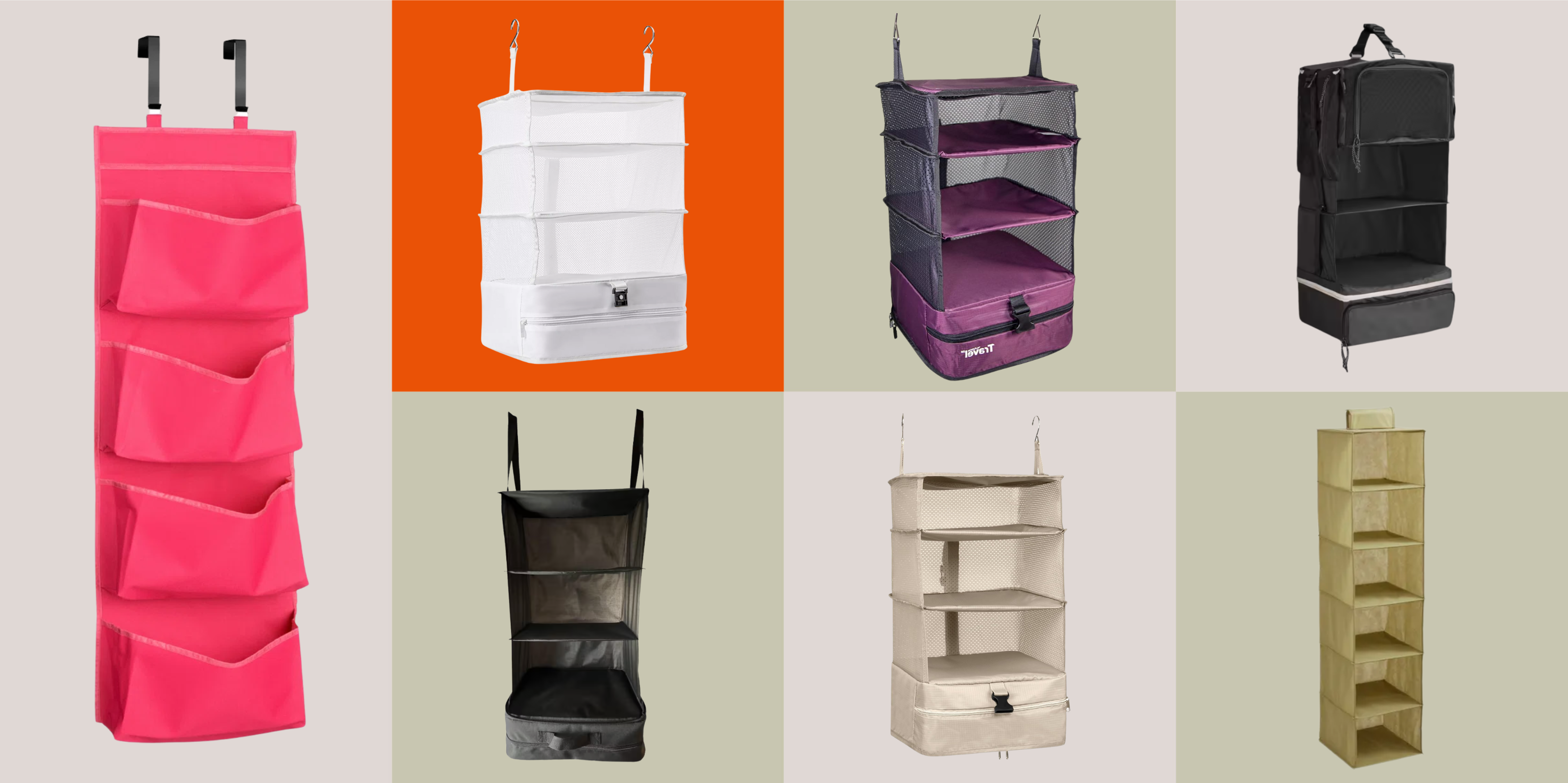 A set of hanging travel organizers against a checkerboard grid