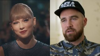 From left to right: Taylor Swift in the "Delicate" music video and Travis Kelce in the documentary Kelce.