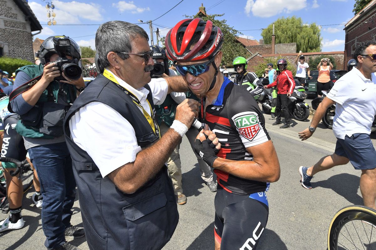 Richie Porte (BMC) crashed early in stage 9 and broke his collarbone