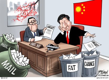 Political Cartoon U.S. sues China XI lawsuit fat chance