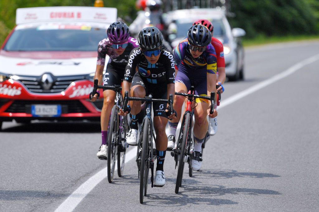 PRATO NEVOSO ITALY JULY 03 Coryn Rivera of United States and Team DSM leads the Breakaway during the 32nd Giro dItalia Internazionale Femminile 2021 Stage 2 a 1001km stage from Boves to Prato Nevoso Colle del Prel 1607m GiroDonne UCIWWT on July 03 2021 in Prato Nevoso Italy Photo by Luc ClaessenGetty Images