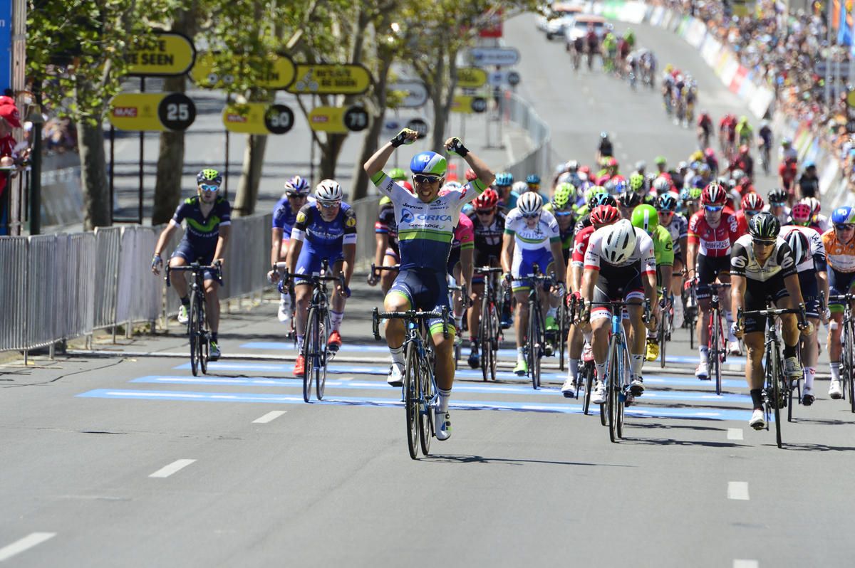 Caleb Ewan celebrates his second stage win of the race