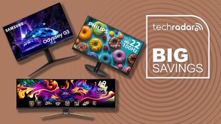 A trio of monitors against a beige TechRadar background