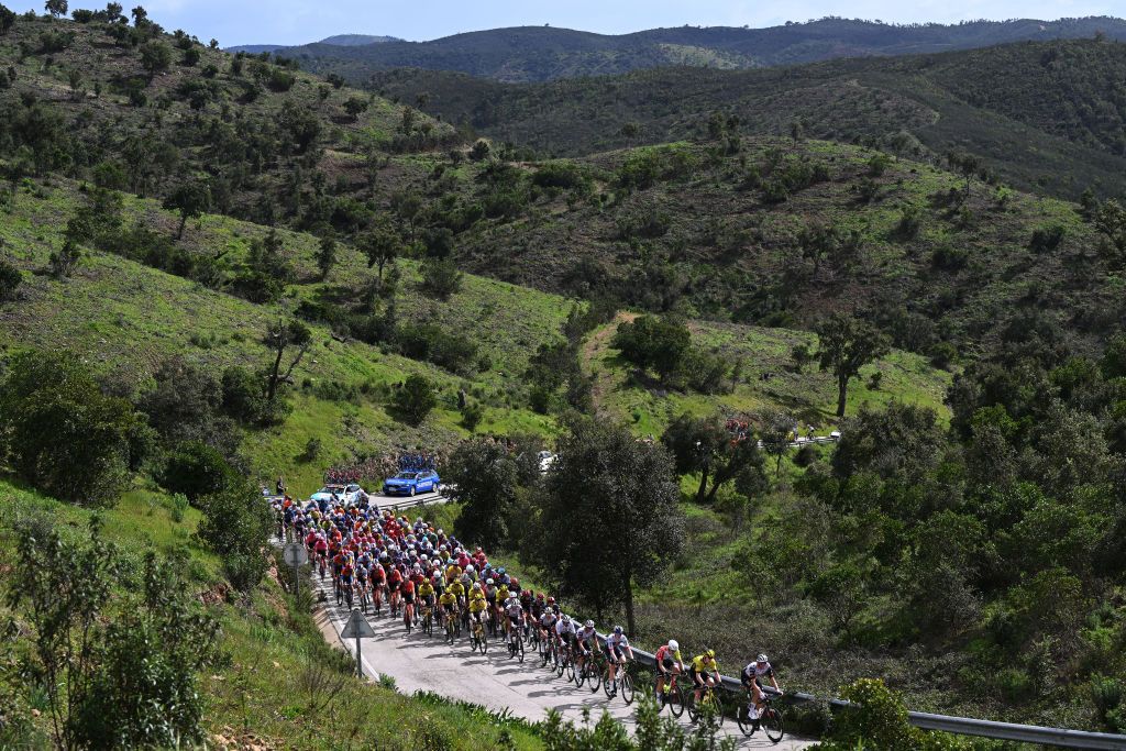 FARO PORTUGAL FEBRUARY 22 A general view of the peloton passing through a landscape during the 51st Volta ao Algarve em Bicicleta Stage 4 a 1752km stage from Albufeira to Faro on February 22 2025 in Faro Portugal Photo by Tim de WaeleGetty Images