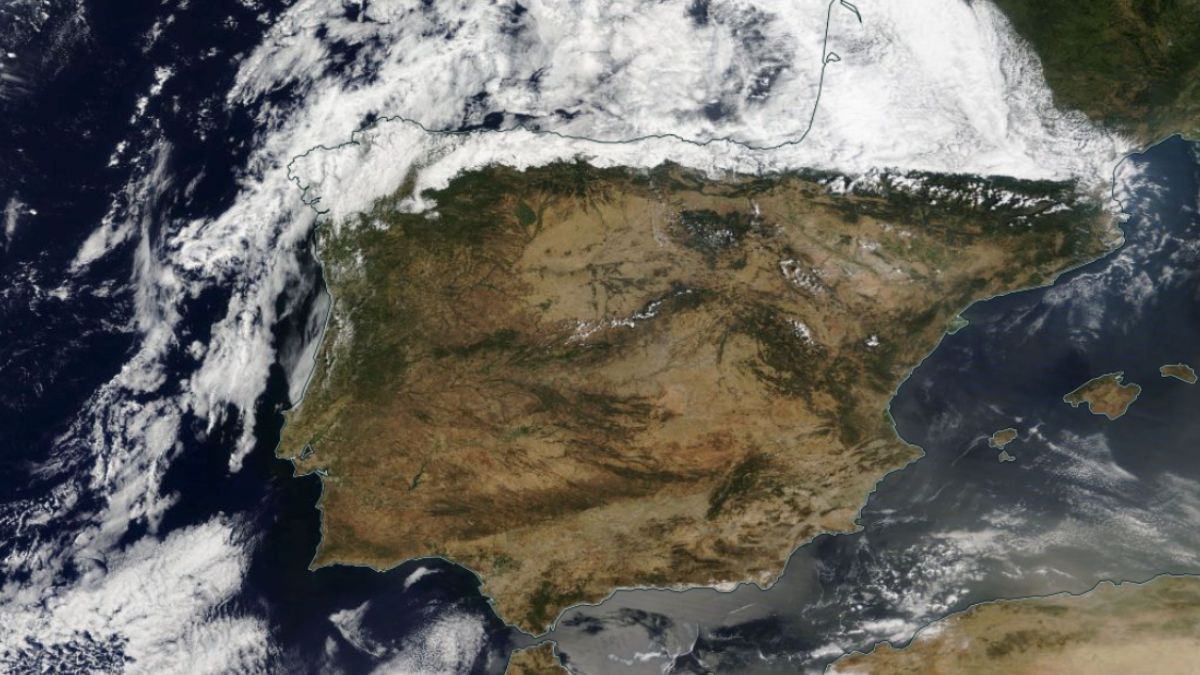Satellite view of spain showing mostly cloudless skies.