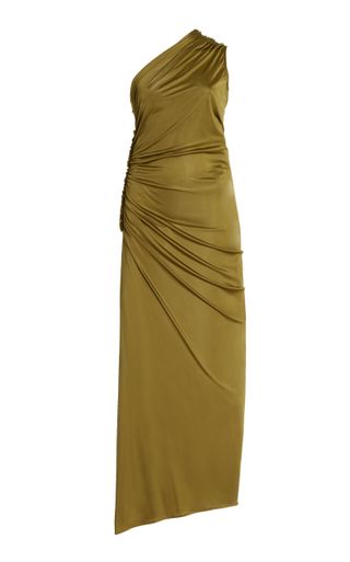 Asymmetric Ruched Satin Maxi Dress