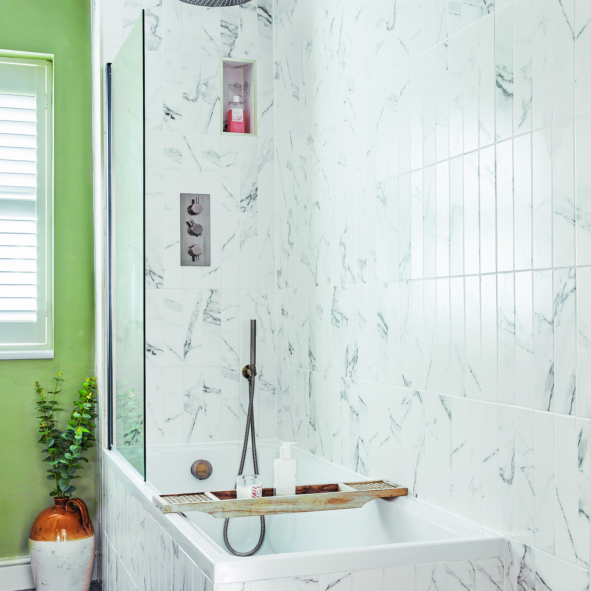 Wooden bath tray in bath shower