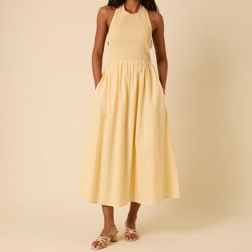 Nobody's Child Yellow Shirred Midi Dress