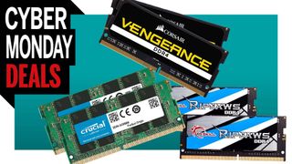 Three SO-DIMM RAM kits over a Cyber Monday banner 
