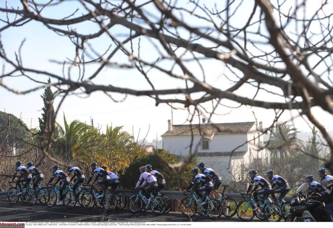 Members of Omega Pharma-QuickStep roll along in a double paceline at their training camp