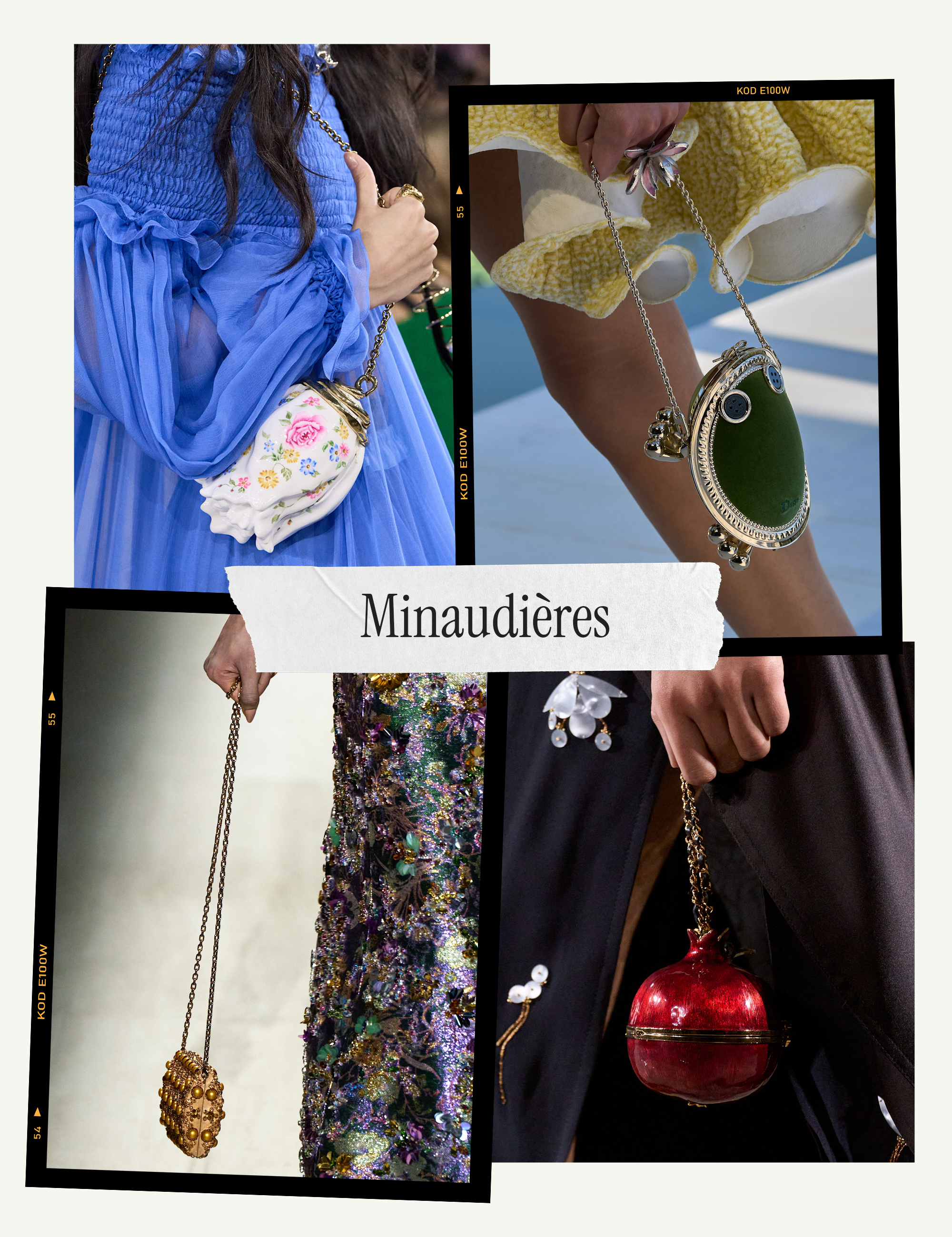 a collage of detail runway images featuring the handbag trends of fall/winter 2026