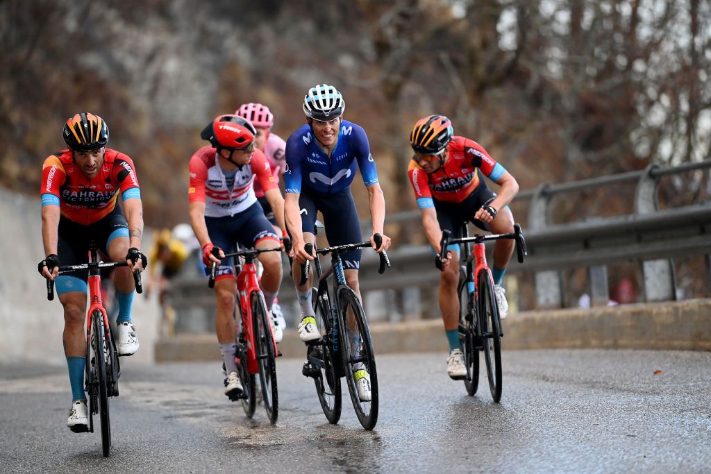 SARNANOSASSORETTO ITALY MARCH 10 LR Damiano Caruso of Italy and Team Bahrain Victorious and Enric Mas Nicolau of Spain and Movistar Team attack in the breakaway during the 58th TirrenoAdriatico 2023 Stage 5 a 1656km stage from Morro dOro to SarnanoSassotetto 1451m UCIWT TirrenoAdriatico on March 10 2023 in SarnanoSassotetto Italy Photo by Tim de WaeleGetty Images