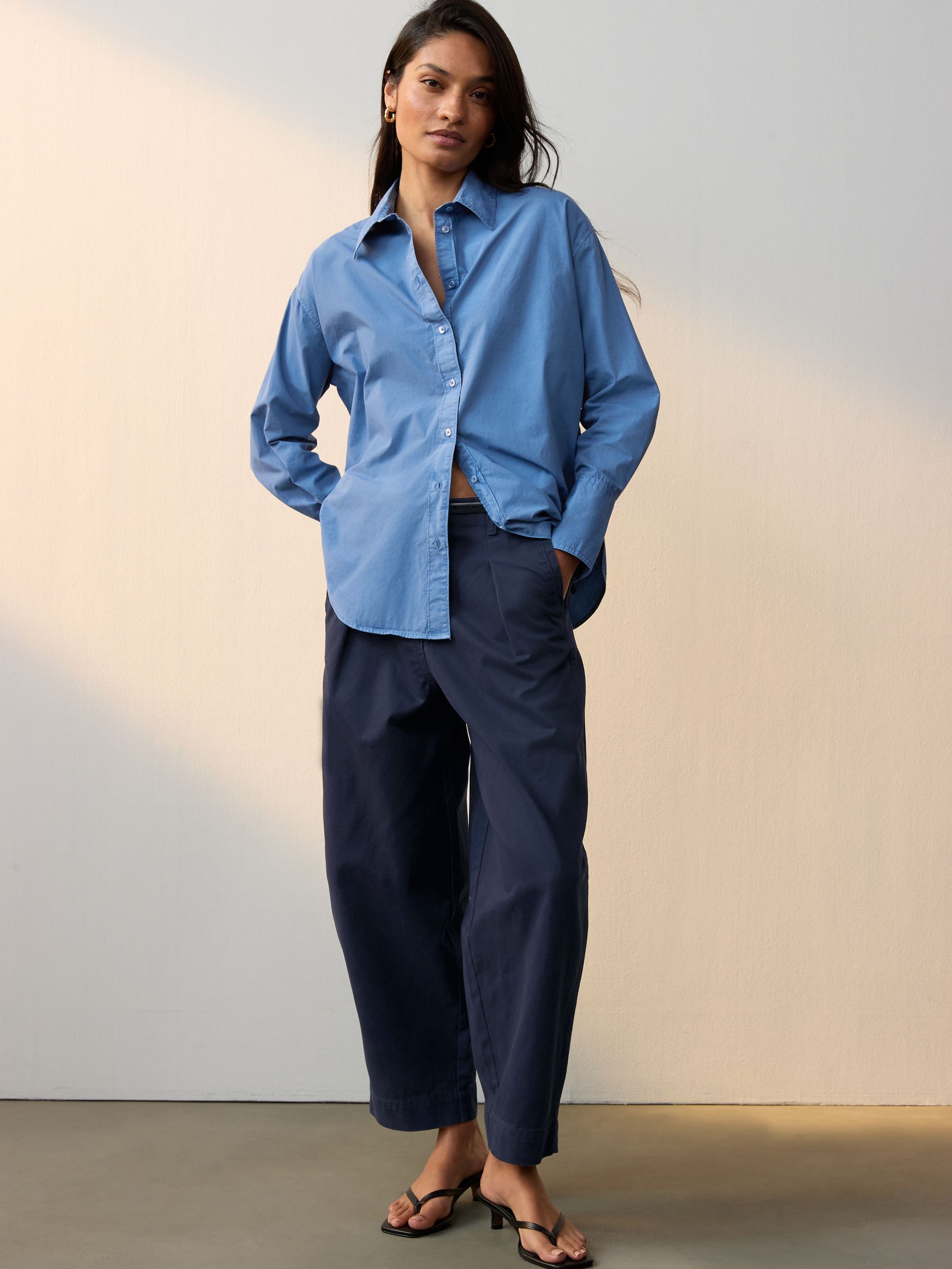 Navy 100% Cotton Barrel Leg Chinos Trousers