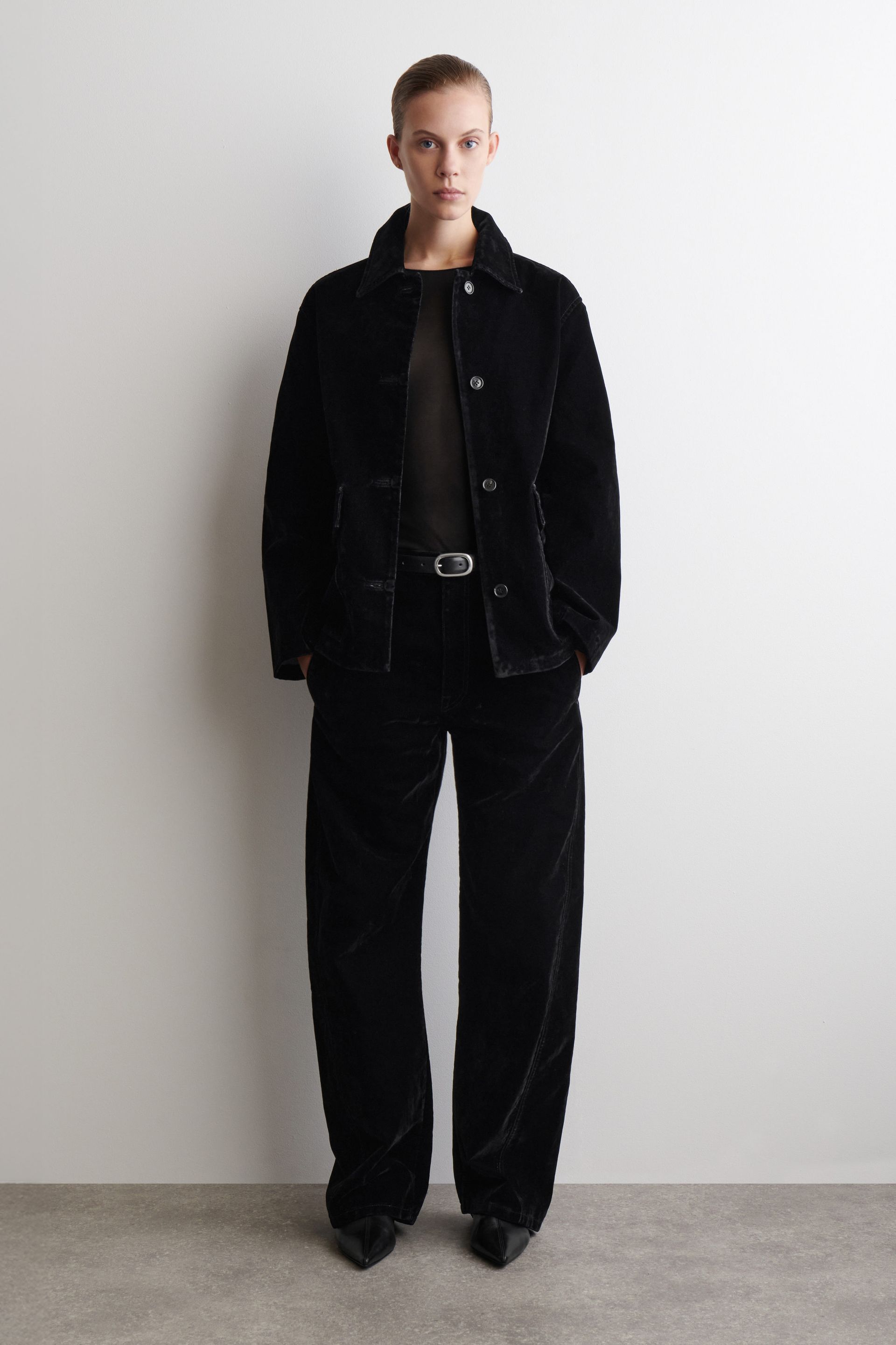 Flocked-Denim Barrel-Leg Trousers