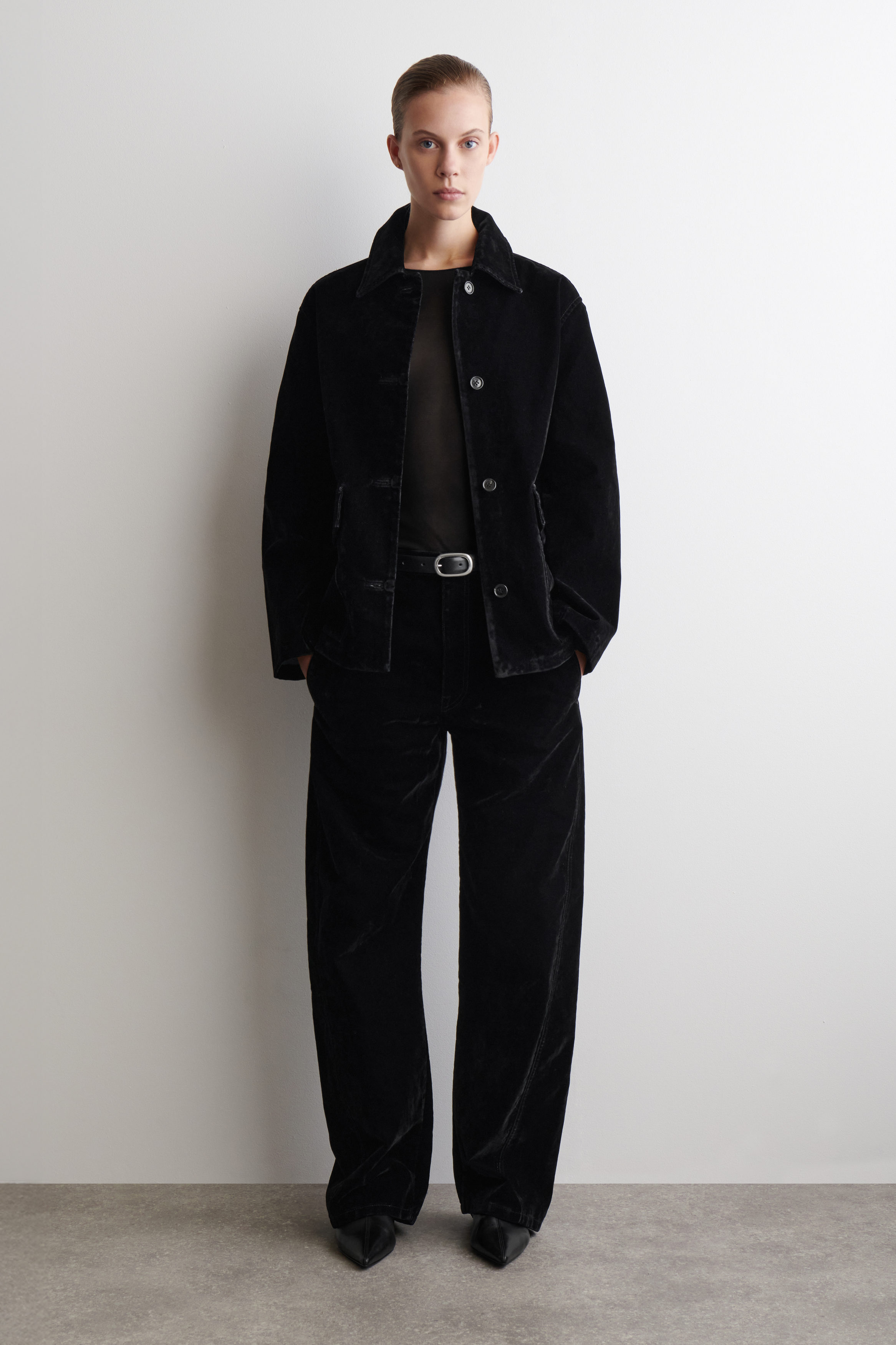 Flocked-Denim Barrel-Leg Trousers