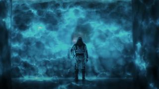 A man in a spacesuit stands before a shimmery blue void