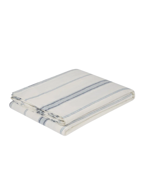 100% Linen Flat Sheet in Dusk Blue Farmhouse Stripe