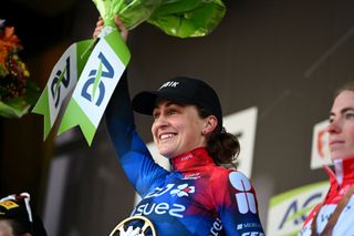 Grace Brown of Australia and Team FDJ-Suez celebrates at podium as race winner during the 8th Liège-Bastogne-Liège Femmes 2024