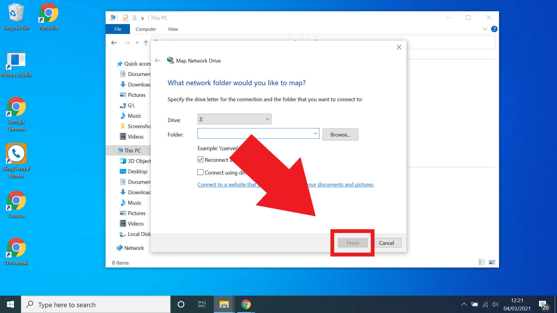 Подключение сетевого диска в Windows 10 - выберите готово