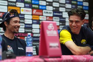 Rogli? Primo? of Red Bull - Bora - Hansgrohe, Bernal Gomez Egan Arley of Ineos Grenadiers during the top riders press conference ahead of the Giro dâItalia cycling race in Tirana. The race starts on Friday, May 9, with the first stage over 160 km, from Durazzo (Durres) to Tirana (Tirane), Albania - Thursday, May 8, 2025. Sport - cycling. (Photo by Massimo Paolone/Lapresse)
