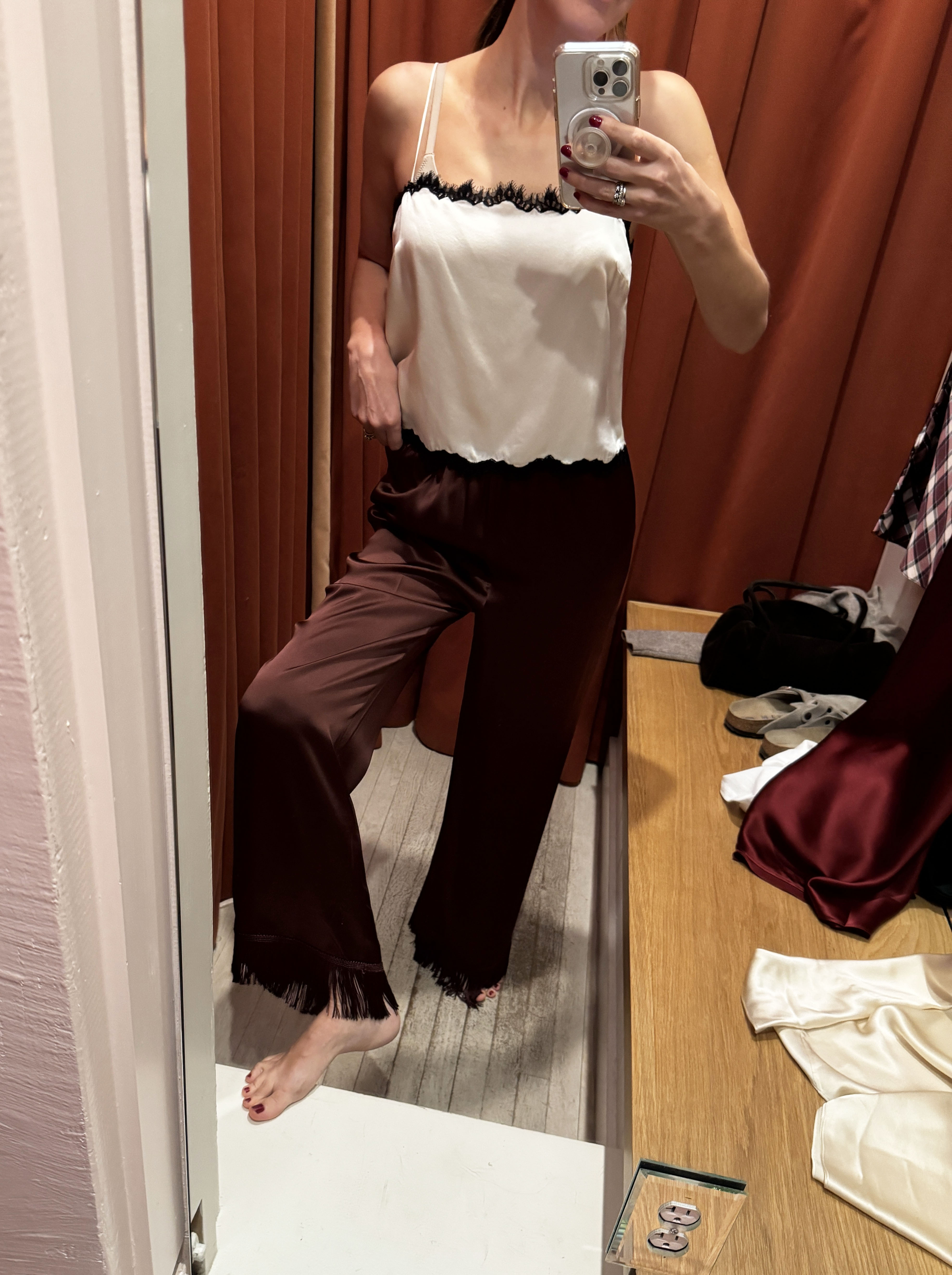 Judith Jones in silk pants and a silk top