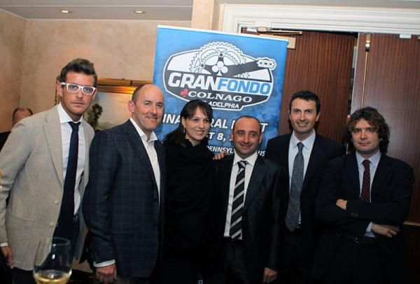 Alessandro Colnago, Rob Klinsmith (Partner of Gran Fondo USA), Mona Mofid (President of the America Melanoma Foundation), Paolo Bettini, Carlo Boroli (President of Briko), Matteo Gerevini (Partner of Gran Fondo USA).