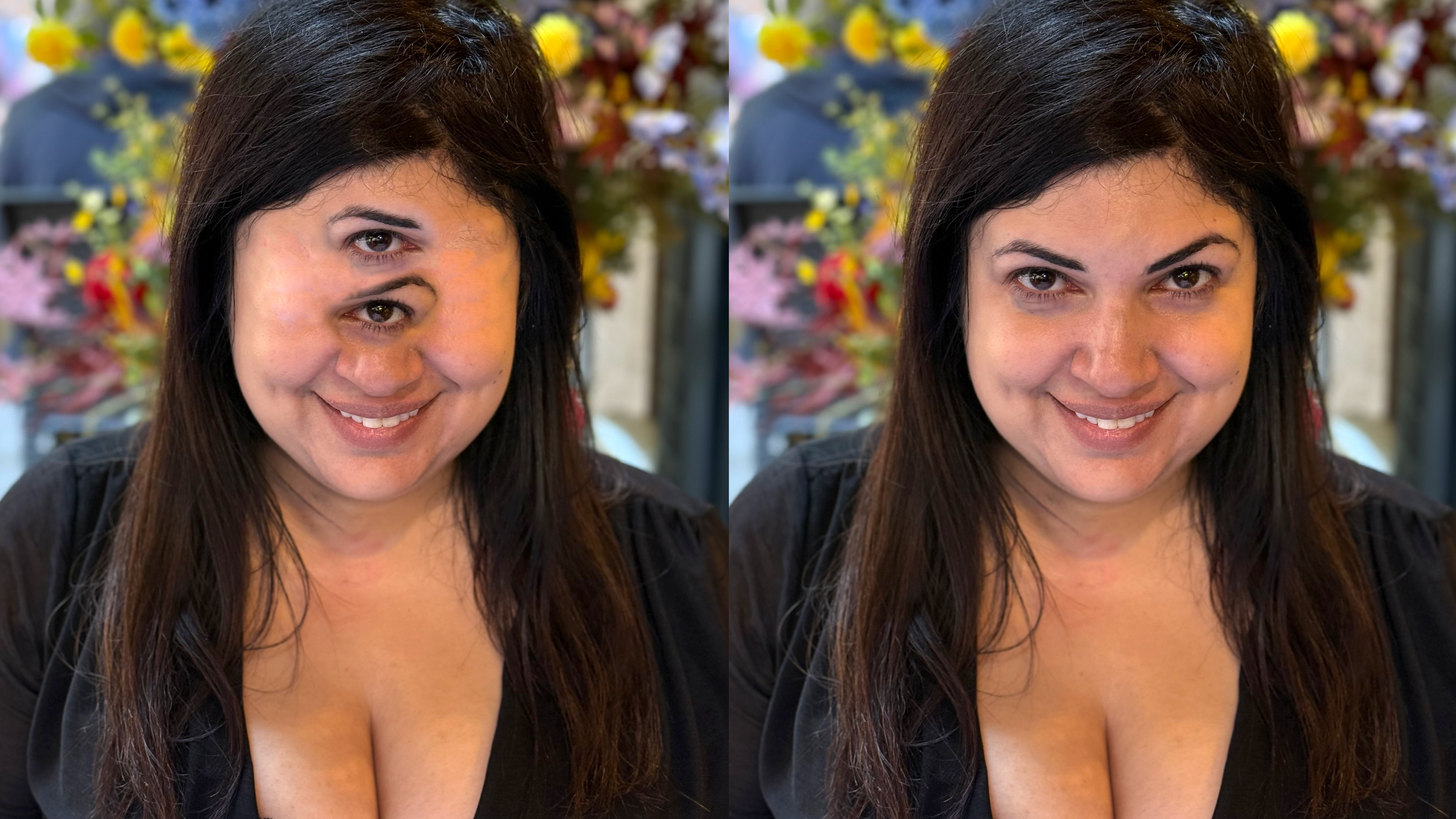 Ariane Sherine with eyes arranged on top of each other in Photoshop on the left and in original natural form on the right