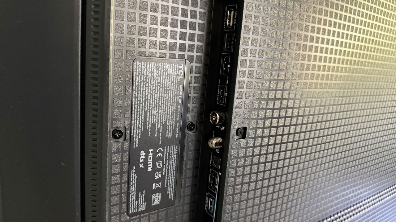 A close-up of the ports on the back of the TCL C6KS 50-inch TV.