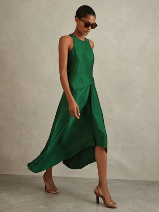 Satin Drape Tuck Midi Dress in Green