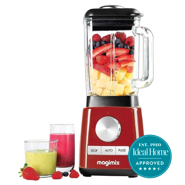Large red Magimix blender on a white background